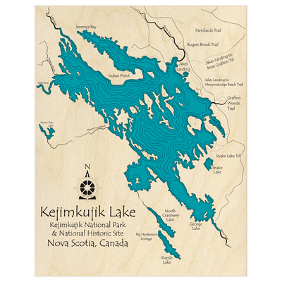 Bathymetric topo map of Kejimkujik Lake  with roads, towns and depths noted in blue water