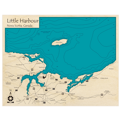 Bathymetric topo map of Little Harbour with roads, towns and depths noted in blue water