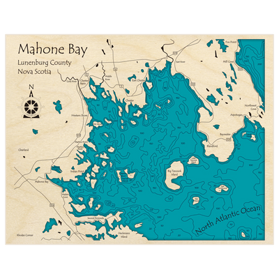 Bathymetric topo map of Mahone Bay with roads, towns and depths noted in blue water