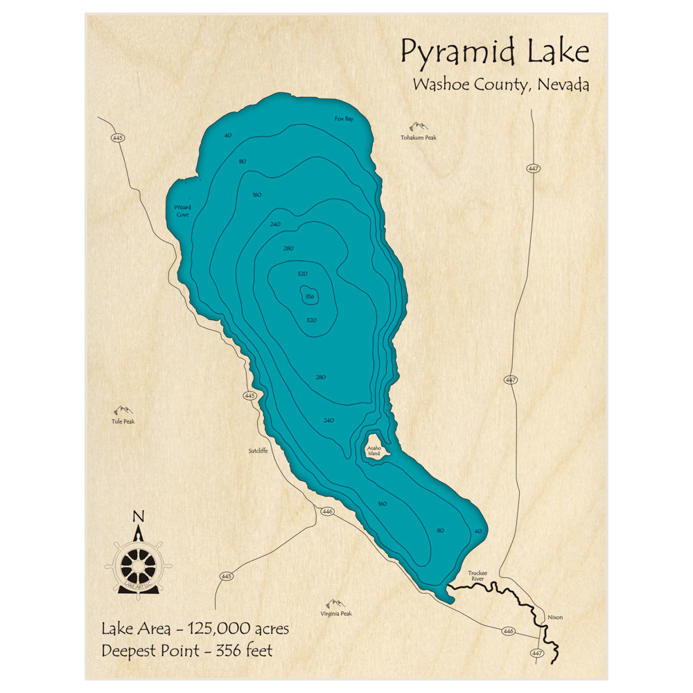 Bathymetric topo map of Pyramid Lake with roads, towns and depths noted in blue water