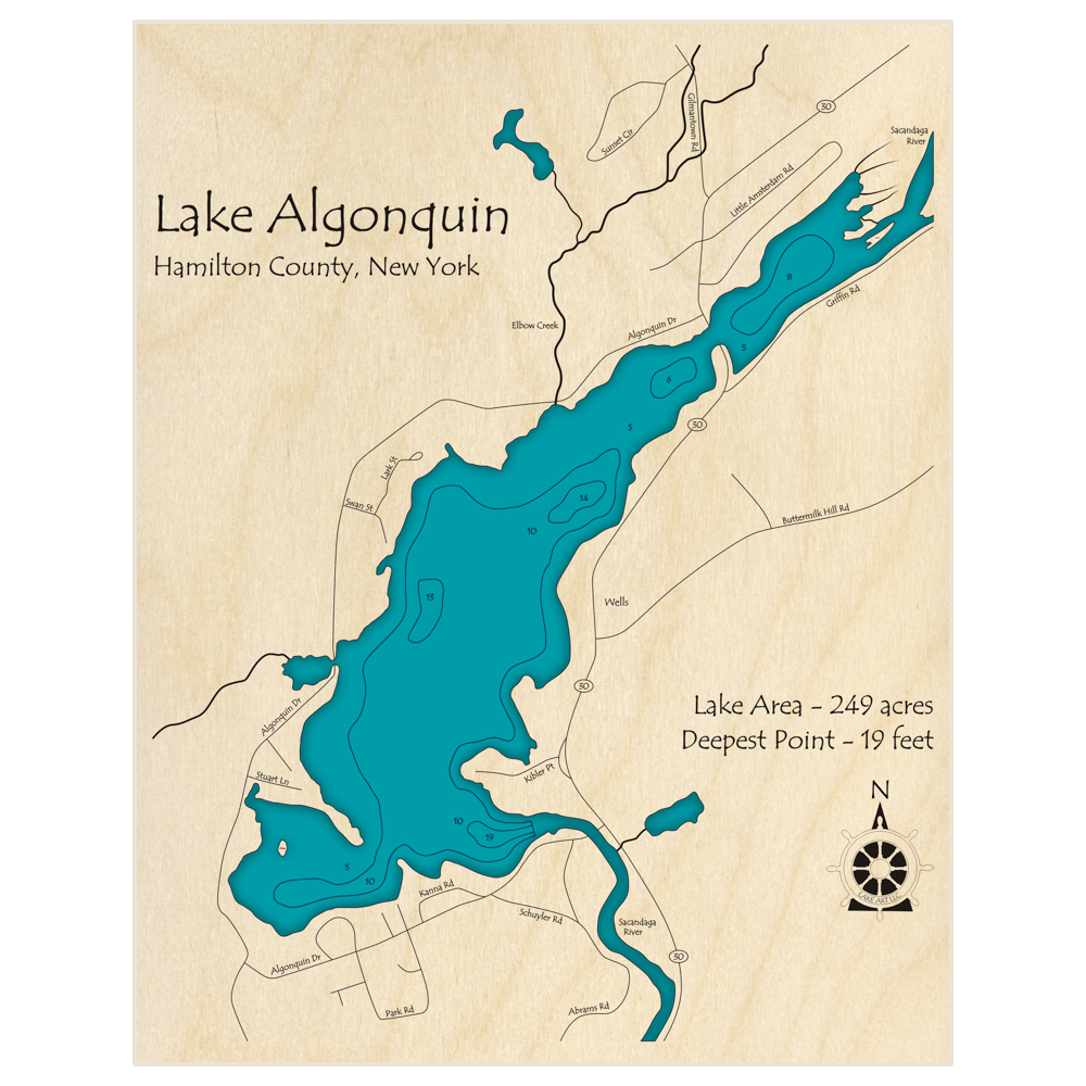 Bathymetric topo map of Lake Algonquin with roads, towns and depths noted in blue water