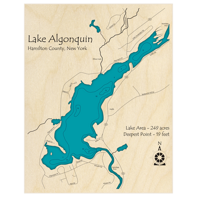 Bathymetric topo map of Lake Algonquin with roads, towns and depths noted in blue water