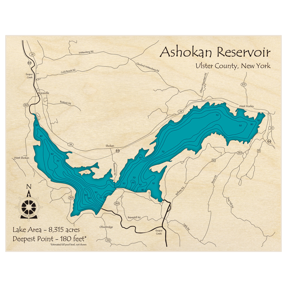 Bathymetric topo map of Ashokan Reservoir with roads, towns and depths noted in blue water