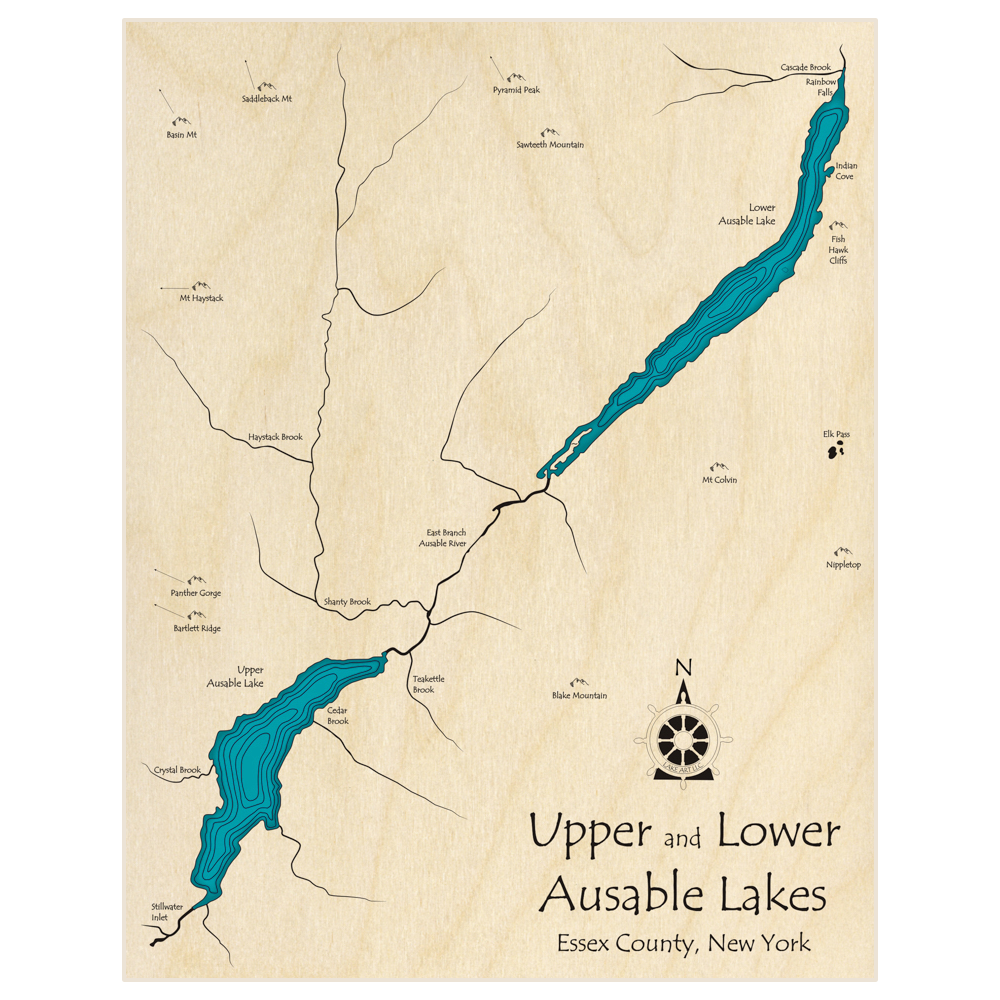 Bathymetric topo map of Upper and Lower Ausable Lakes  with roads, towns and depths noted in blue water