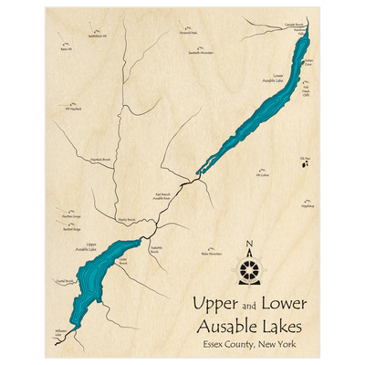 Bathymetric topo map of Upper and Lower Ausable Lakes  with roads, towns and depths noted in blue water