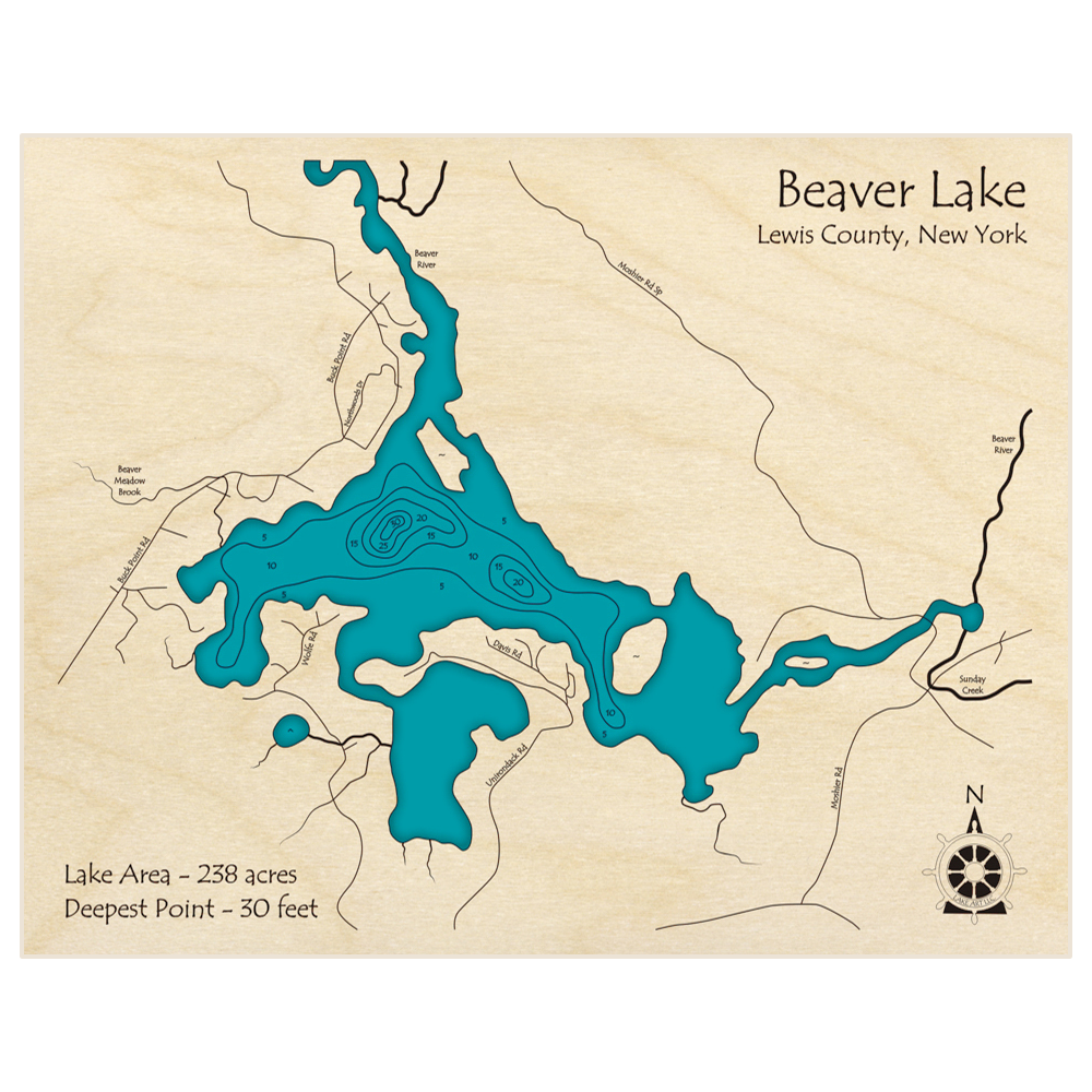 Bathymetric topo map of Beaver Lake with roads, towns and depths noted in blue water