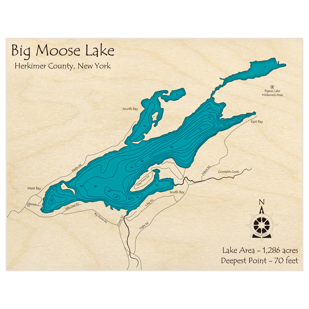 Bathymetric topo map of Big Moose Lake with roads, towns and depths noted in blue water