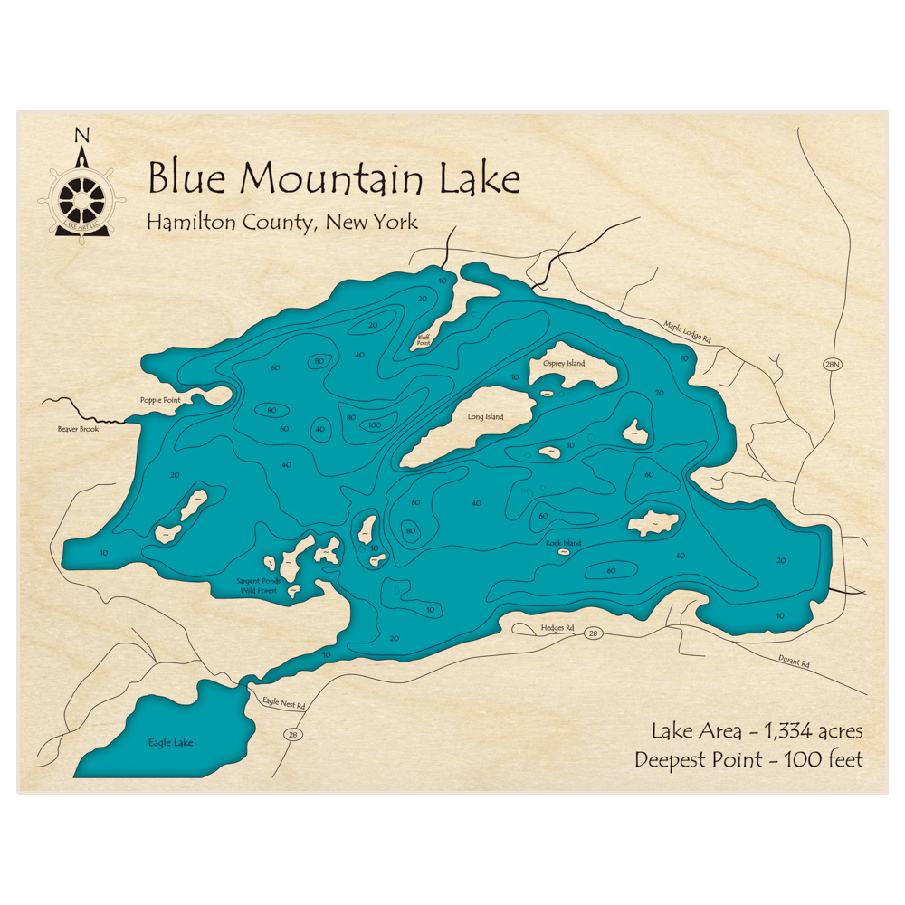 Bathymetric topo map of Blue Mountain Lake with roads, towns and depths noted in blue water