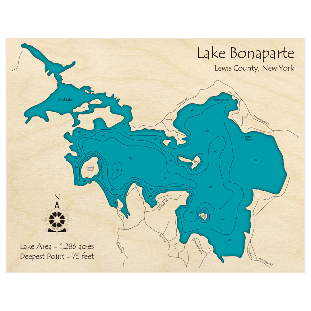 Bathymetric topo map of Lake Bonaparte with roads, towns and depths noted in blue water