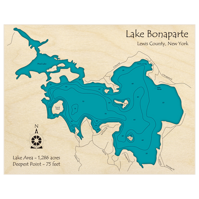 Bathymetric topo map of Lake Bonaparte with roads, towns and depths noted in blue water