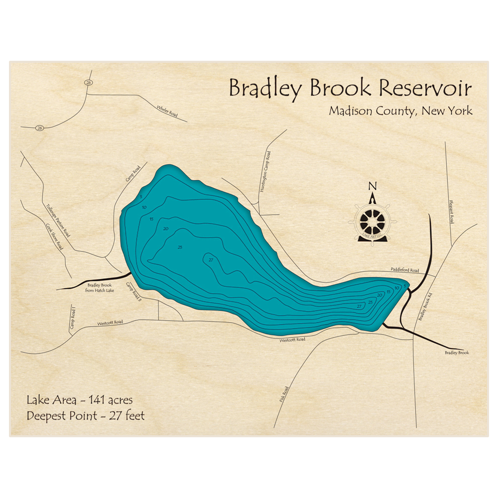 Bathymetric topo map of Bradley Brook Reservoir with roads, towns and depths noted in blue water