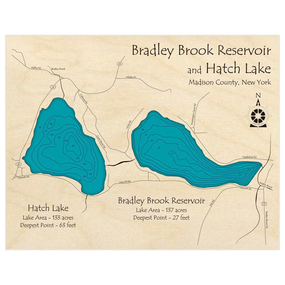 Bathymetric topo map of Bradley Brooke Reservoir and Hatch Lake with roads, towns and depths noted in blue water