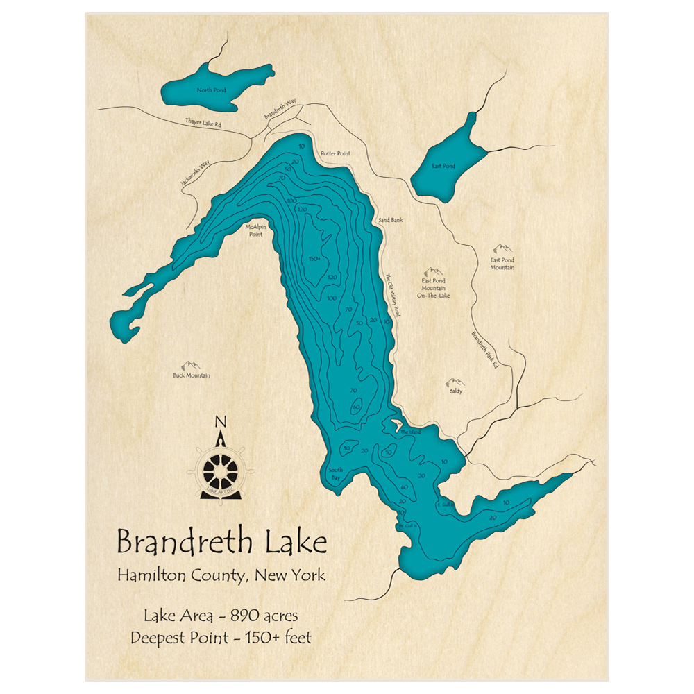 Bathymetric topo map of Brandreth Lake with roads, towns and depths noted in blue water