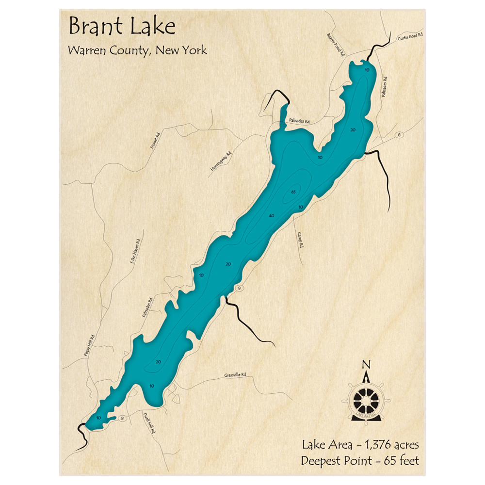 Bathymetric topo map of Brant Lake with roads, towns and depths noted in blue water