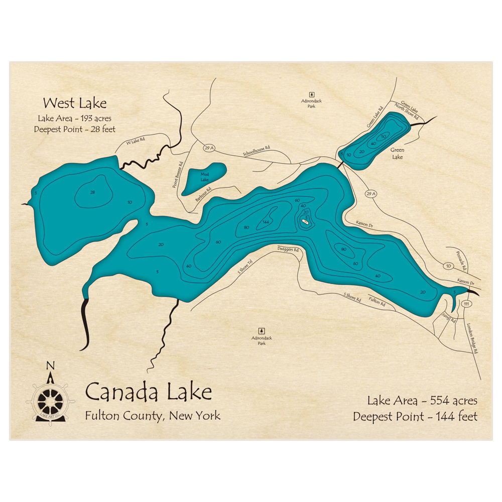 Bathymetric topo map of Canada Lake (With West Lake) with roads, towns and depths noted in blue water