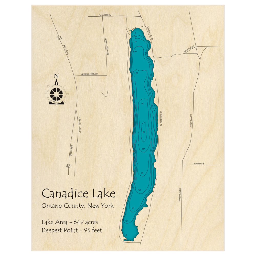 Bathymetric topo map of Canadice Lake with roads, towns and depths noted in blue water