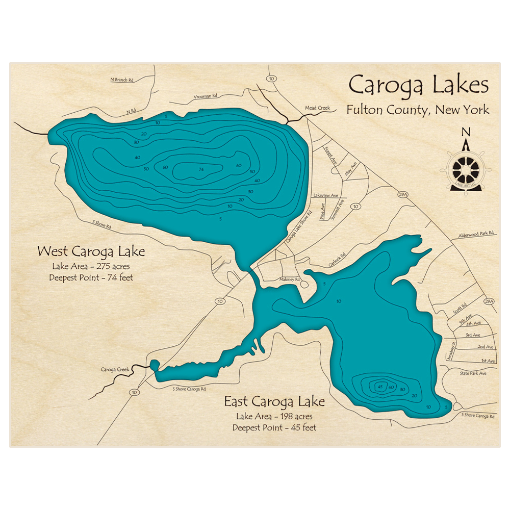 Bathymetric topo map of Caroga Lakes with roads, towns and depths noted in blue water