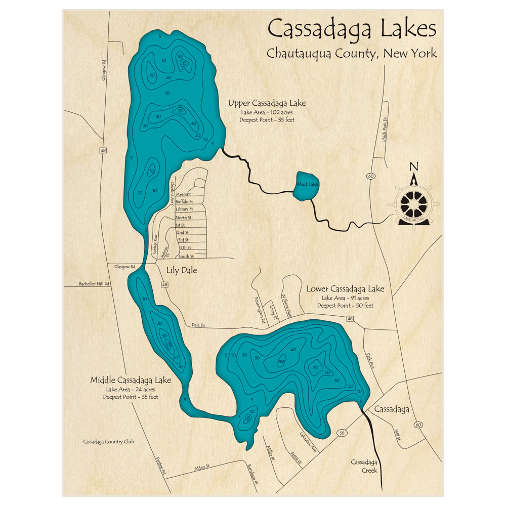 Bathymetric topo map of Cassadaga Lakes (Upper Middle and Lower Lakes) with roads, towns and depths noted in blue water