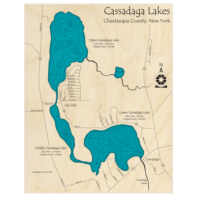 Bathymetric topo map of Cassadaga Lakes (Upper Middle and Lower Lakes) with roads, towns and depths noted in blue water