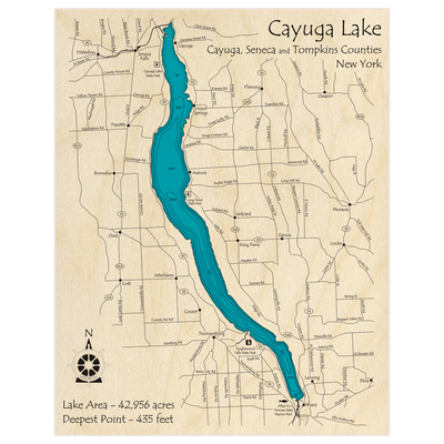 Bathymetric topo map of Cayuga Lake with roads, towns and depths noted in blue water