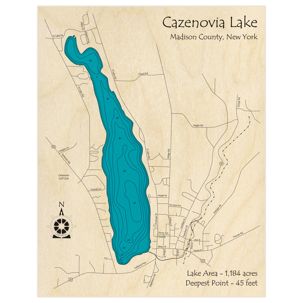 Bathymetric topo map of Cazenovia Lake with roads, towns and depths noted in blue water