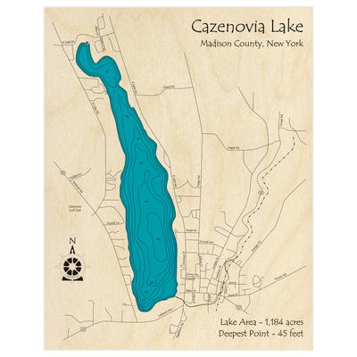 Bathymetric topo map of Cazenovia Lake with roads, towns and depths noted in blue water