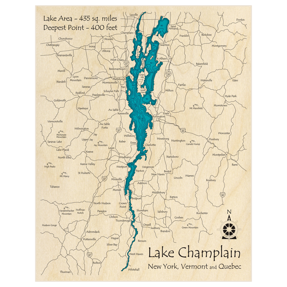 Bathymetric topo map of Lake Champlain with roads, towns and depths noted in blue water