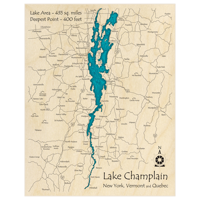 Bathymetric topo map of Lake Champlain with roads, towns and depths noted in blue water