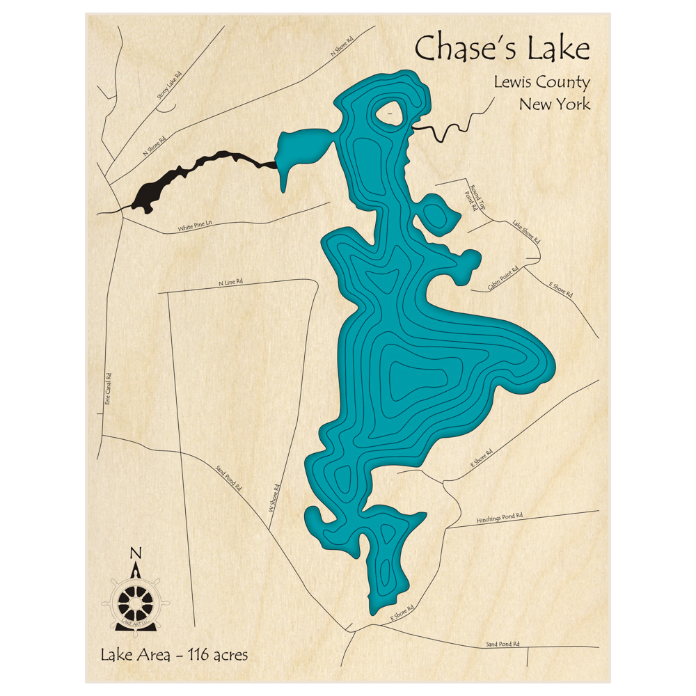 Bathymetric topo map of Chases Lake  with roads, towns and depths noted in blue water