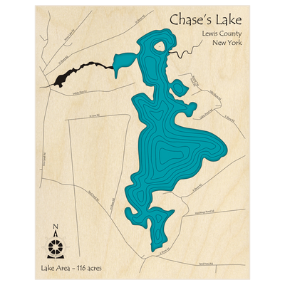 Bathymetric topo map of Chases Lake  with roads, towns and depths noted in blue water