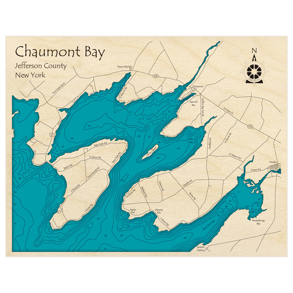 Bathymetric topo map of Chaumont Bay with roads, towns and depths noted in blue water