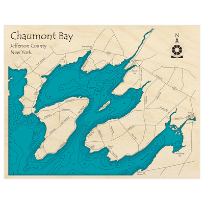 Bathymetric topo map of Chaumont Bay with roads, towns and depths noted in blue water