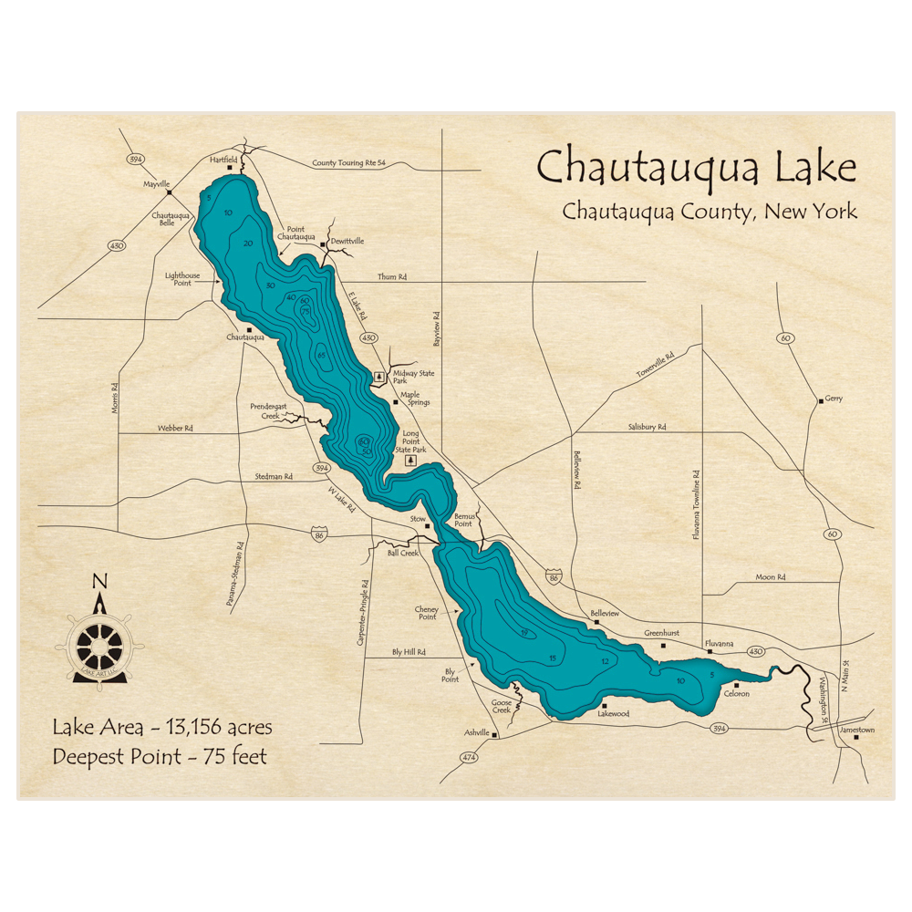 Bathymetric topo map of Chautauqua Lake with roads, towns and depths noted in blue water