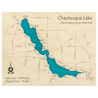 Bathymetric topo map of Chautauqua Lake with roads, towns and depths noted in blue water