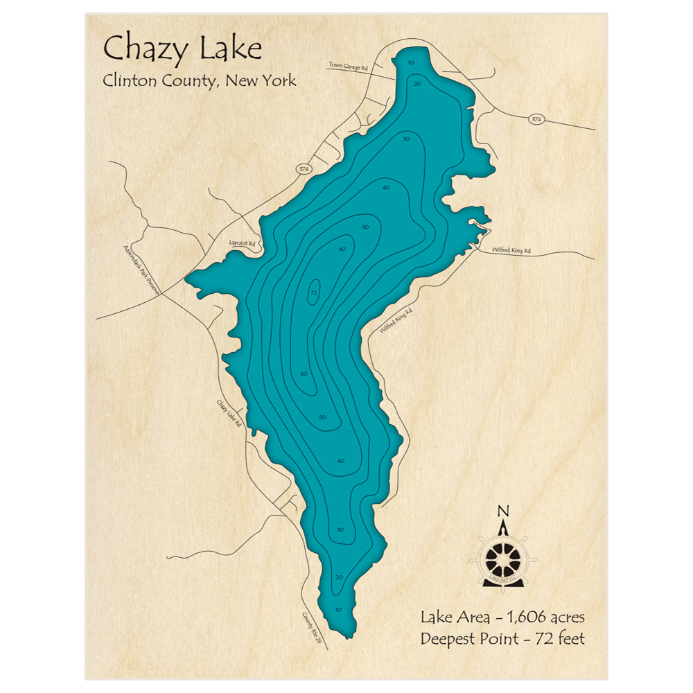 Bathymetric topo map of Chazy Lake with roads, towns and depths noted in blue water