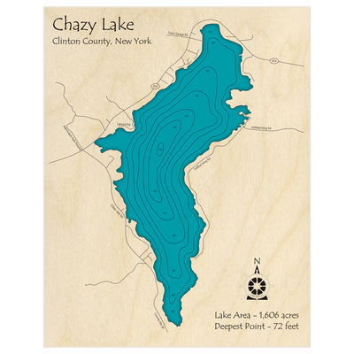 Bathymetric topo map of Chazy Lake with roads, towns and depths noted in blue water