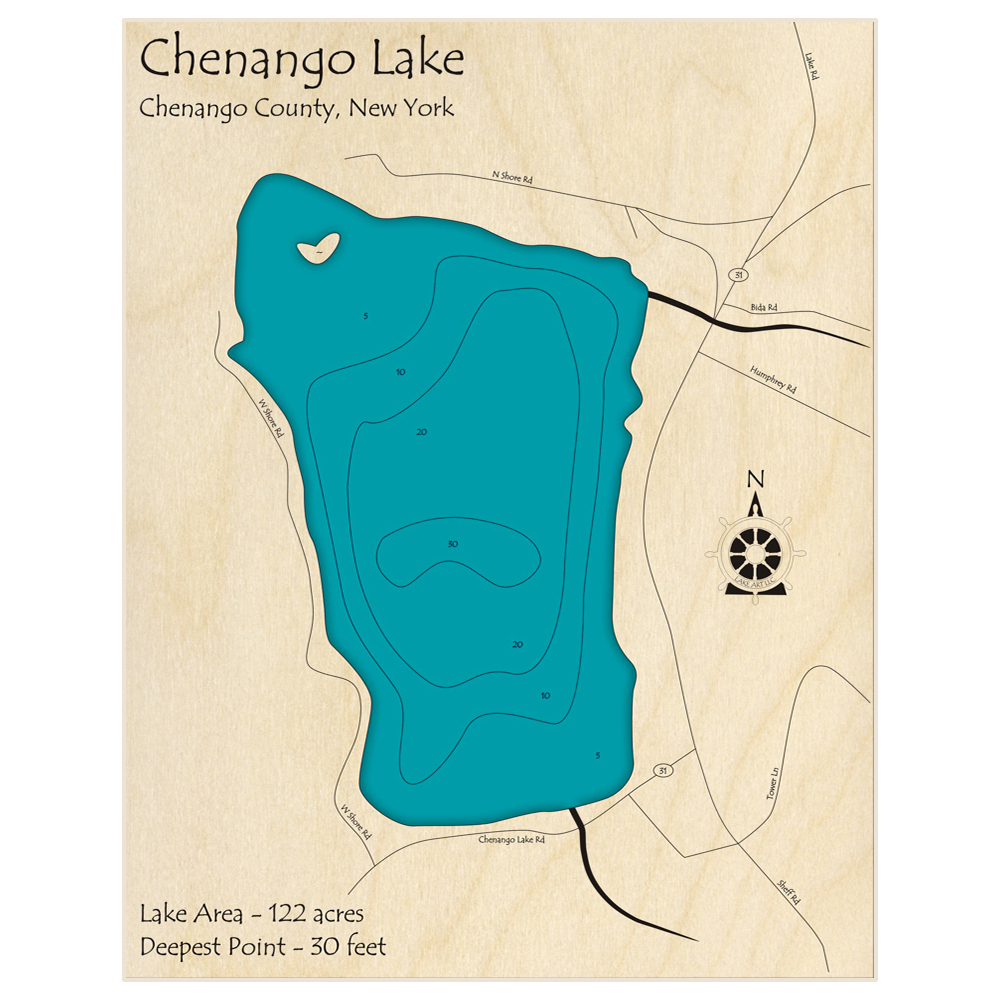 Bathymetric topo map of Chenango Lake with roads, towns and depths noted in blue water