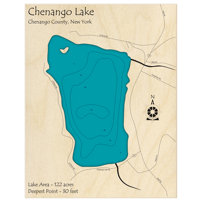 Bathymetric topo map of Chenango Lake with roads, towns and depths noted in blue water