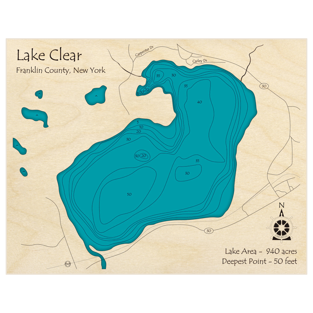 Bathymetric topo map of Lake Clear with roads, towns and depths noted in blue water