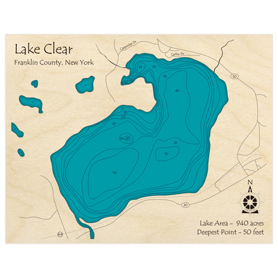 Bathymetric topo map of Lake Clear with roads, towns and depths noted in blue water