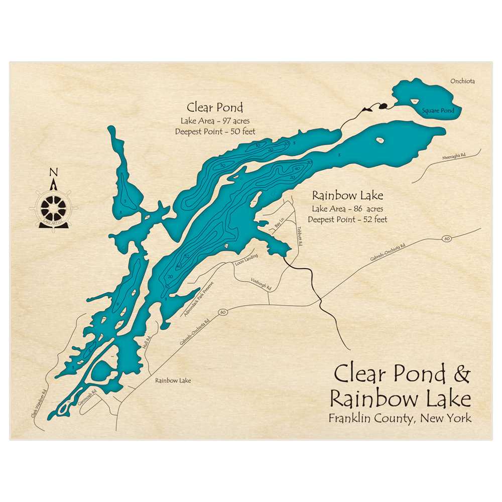 Bathymetric topo map of Clear Pond (With Rainbow Lake) with roads, towns and depths noted in blue water