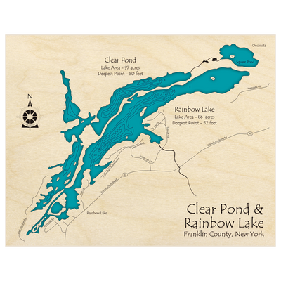 Bathymetric topo map of Clear Pond (With Rainbow Lake) with roads, towns and depths noted in blue water