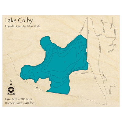 Bathymetric topo map of Lake Colby with roads, towns and depths noted in blue water