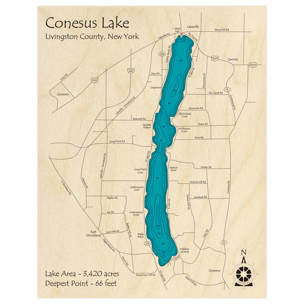 Bathymetric topo map of Conesus Lake with roads, towns and depths noted in blue water