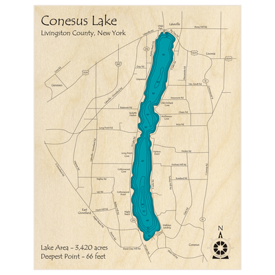 Bathymetric topo map of Conesus Lake with roads, towns and depths noted in blue water