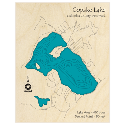 Bathymetric topo map of Copake Lake with roads, towns and depths noted in blue water