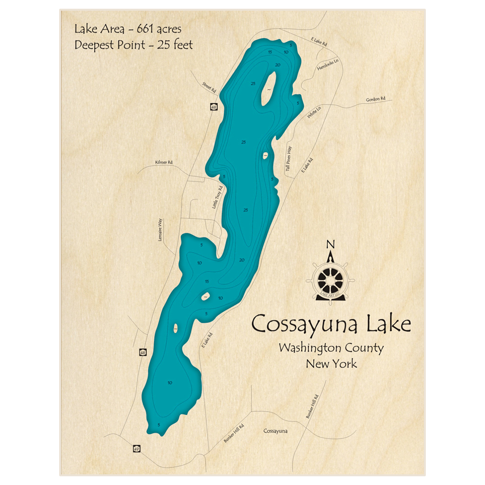 Bathymetric topo map of Cossayuna Lake with roads, towns and depths noted in blue water