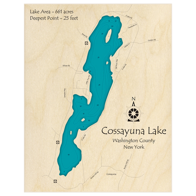 Bathymetric topo map of Cossayuna Lake with roads, towns and depths noted in blue water