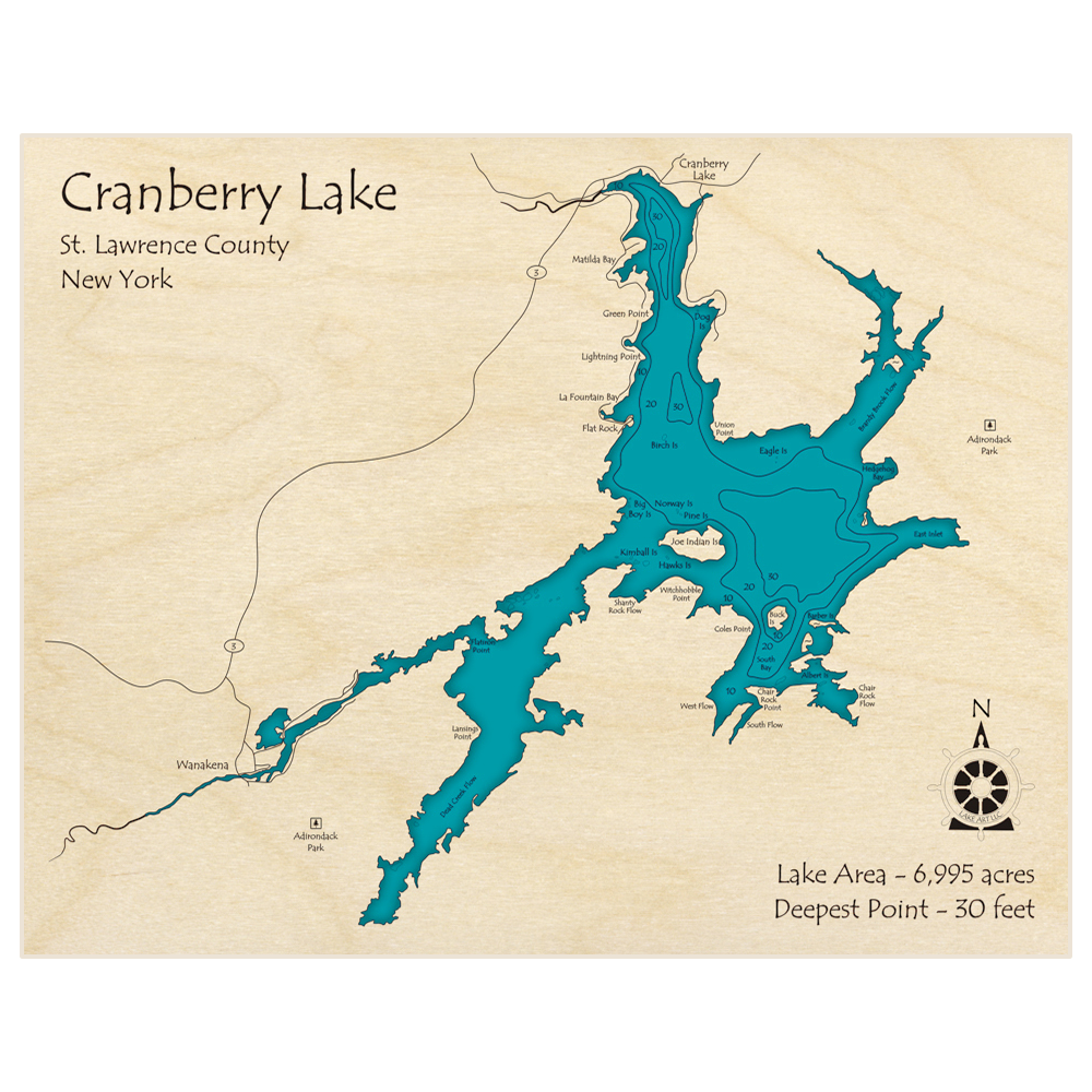 Bathymetric topo map of Cranberry Lake with roads, towns and depths noted in blue water