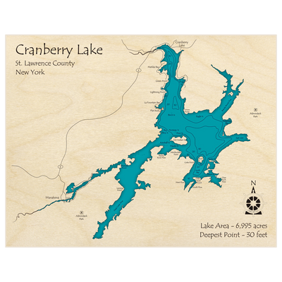 Bathymetric topo map of Cranberry Lake with roads, towns and depths noted in blue water